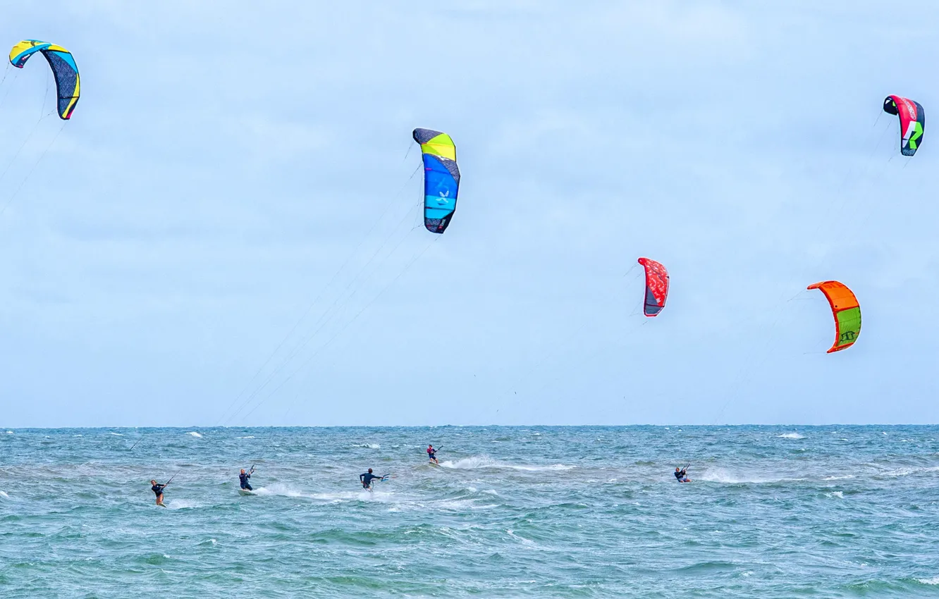 Photo wallpaper sea, the sky, the wind, parachute, Board, kitesurfing