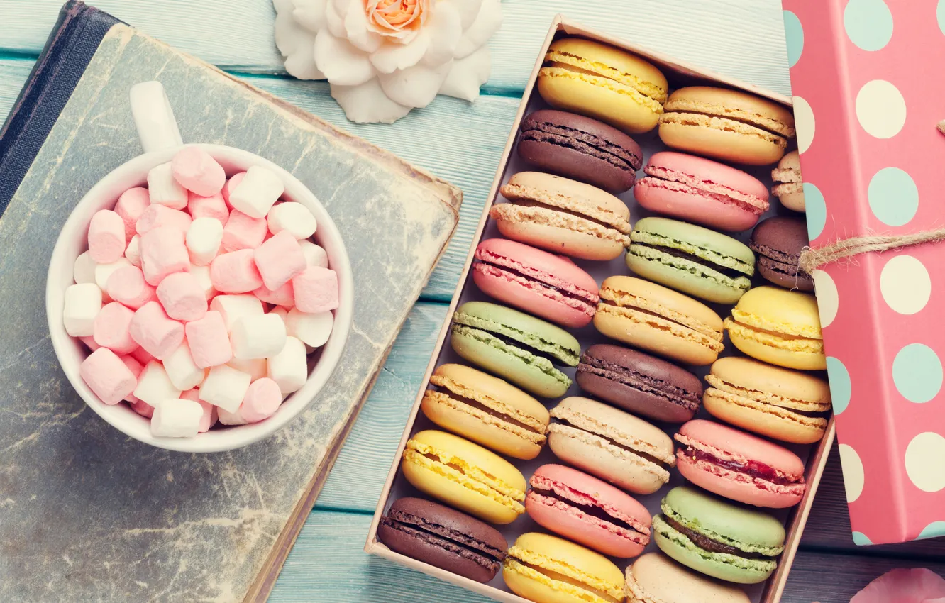 Photo wallpaper flowers, gift, colorful, wood, pink, flowers, coffee cup, macarons