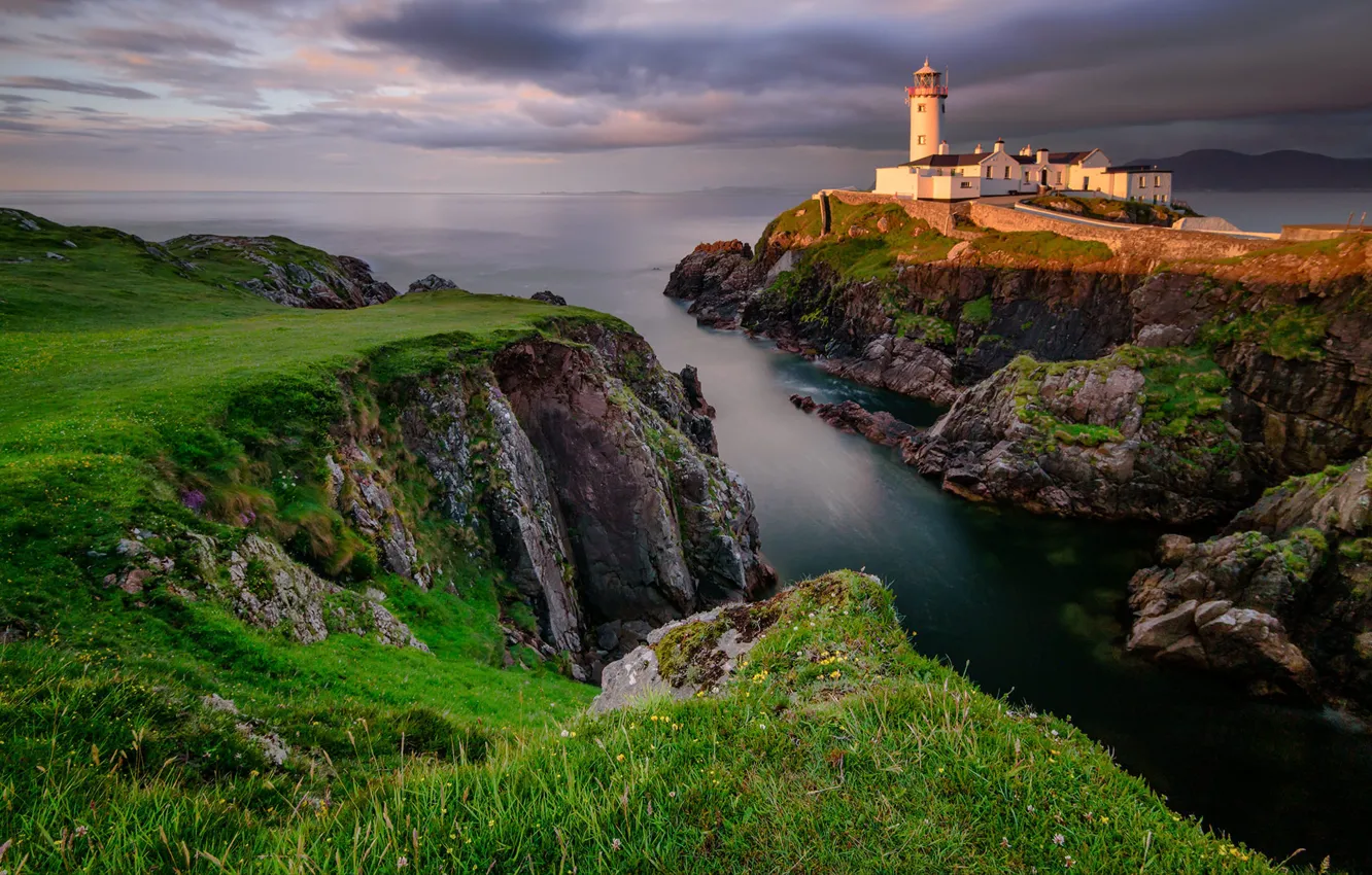 Photo wallpaper sea, landscape, sunset, clouds, rocks, lighthouse, Ireland, Donegal