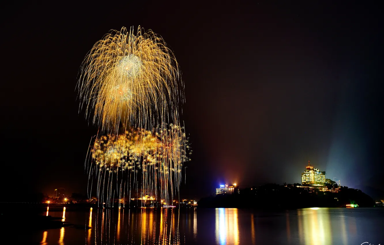 Photo wallpaper night, the city, lights, lake, reflection, fireworks