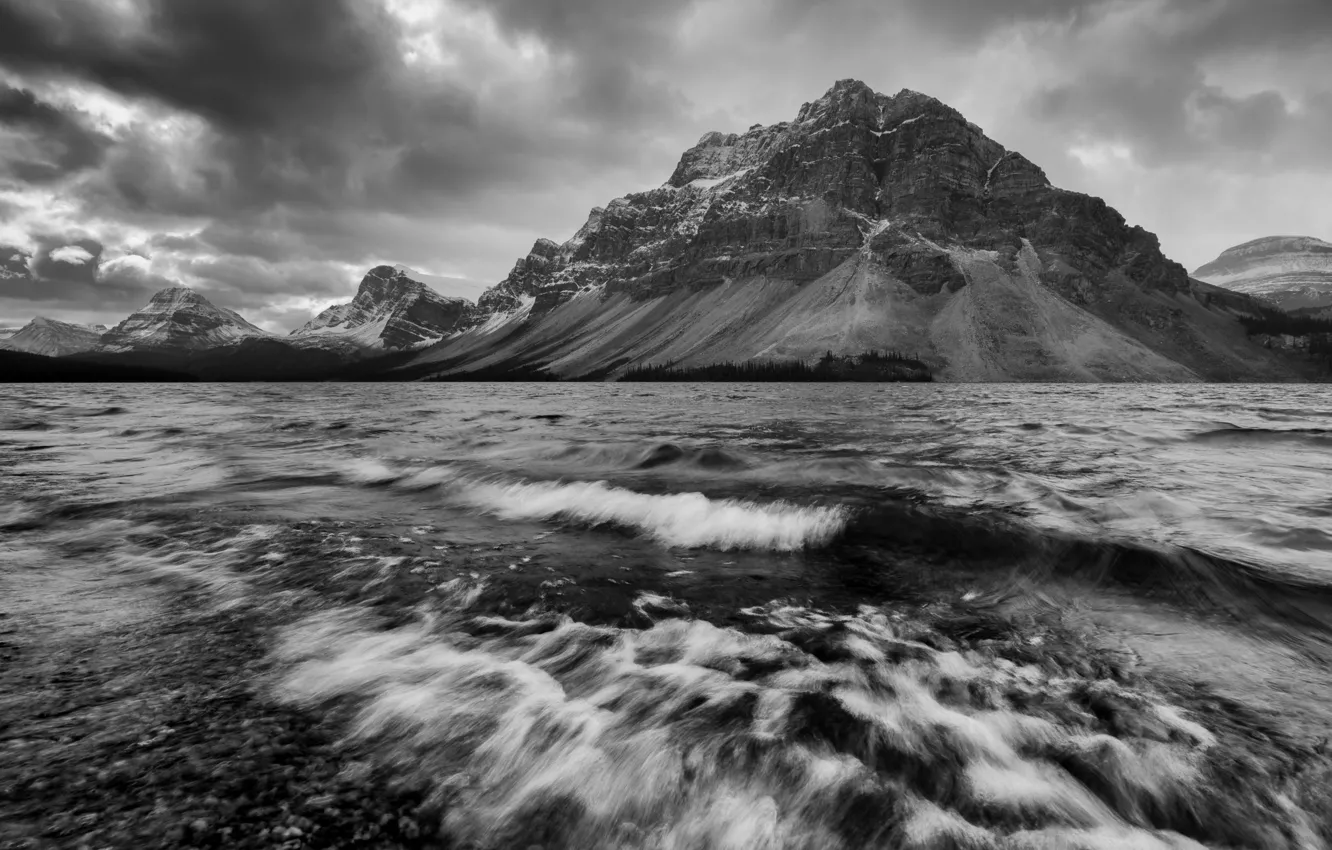 Photo wallpaper the sky, mountains, clouds, nature, river, rocks, Canada, black and white