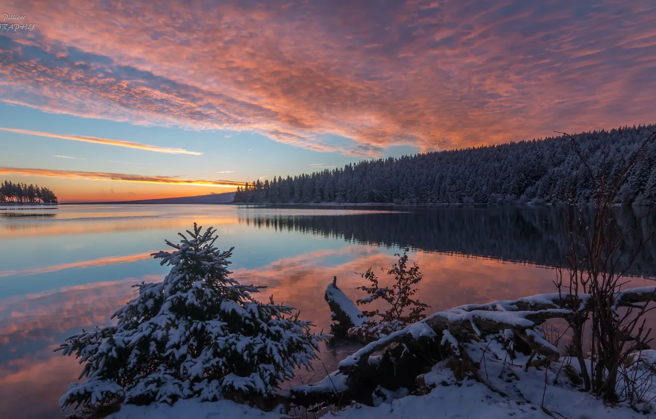 Photo wallpaper winter, landscape, sunset, nature, lake, beauty, the evening