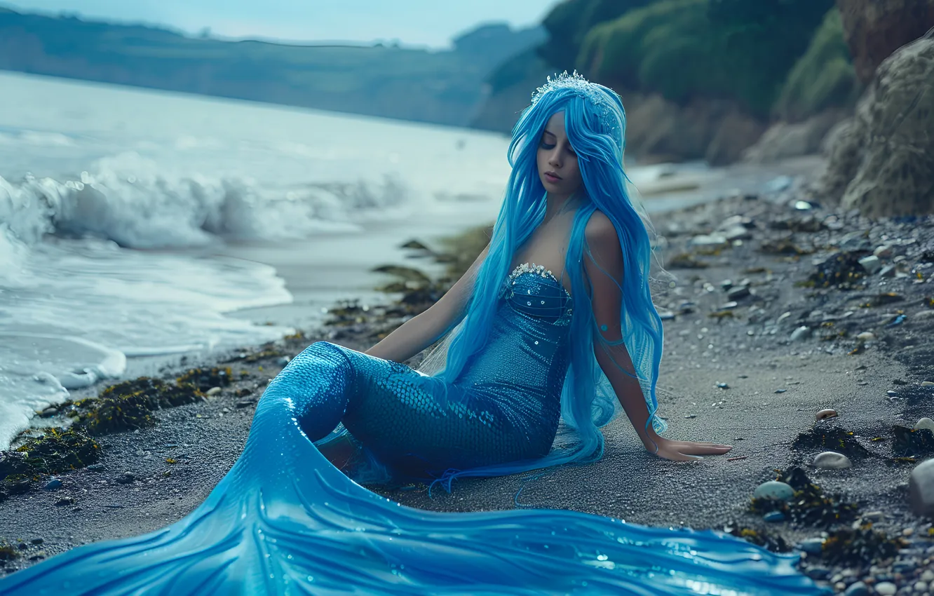 Photo wallpaper sea, girl, coast, hair, mermaid, tail, digital art, AI art