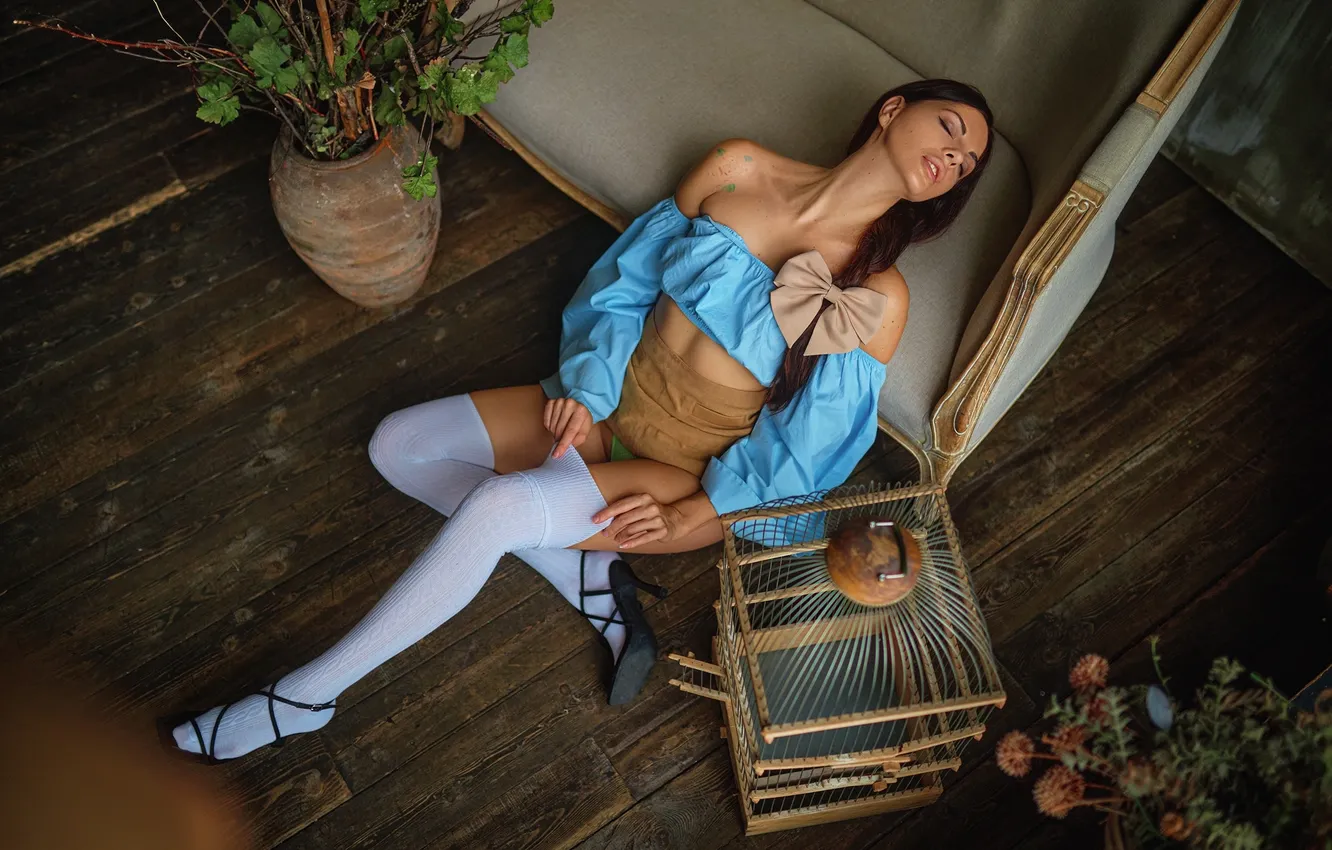 Photo wallpaper girl, pose, stockings, cell, brunette, top, legs, bow