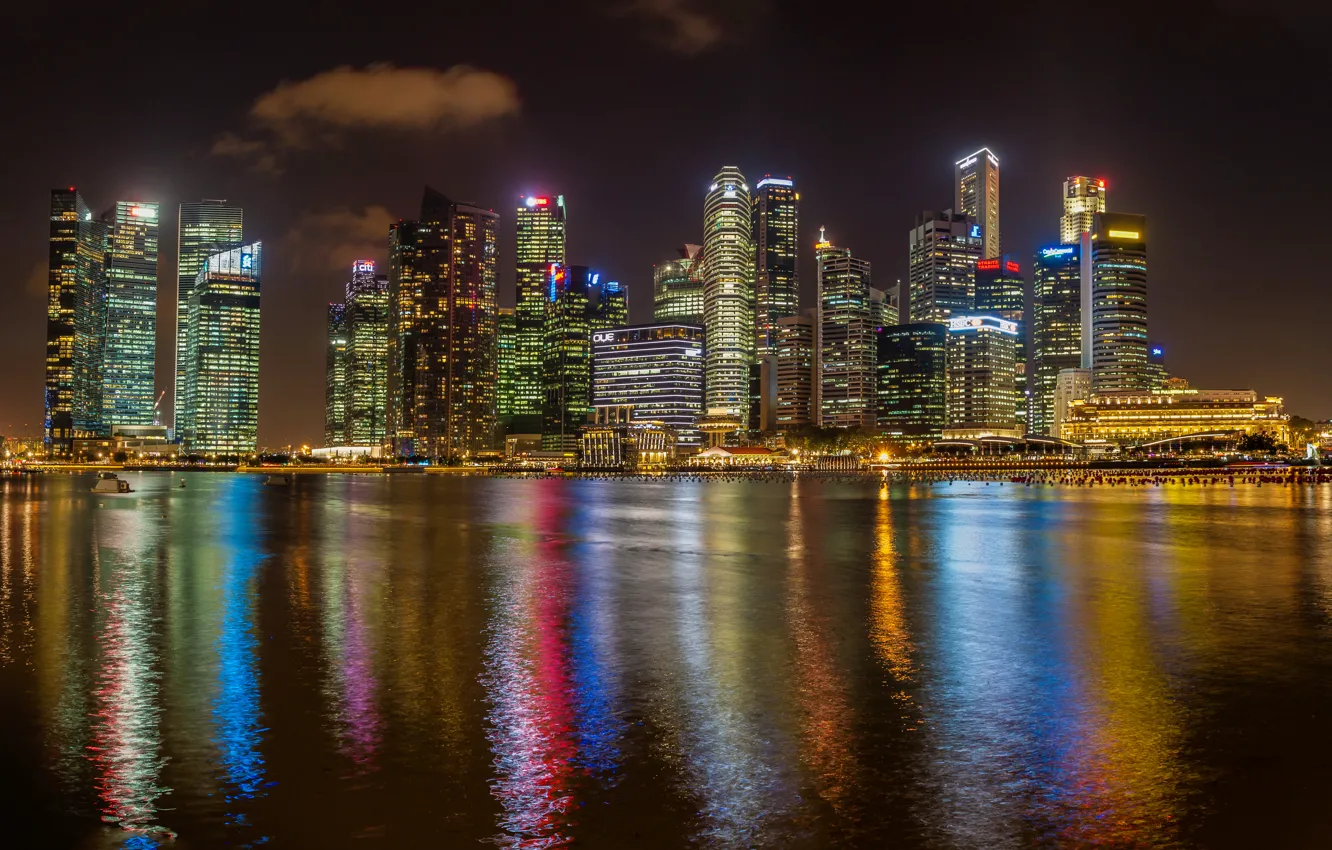 Photo wallpaper night, lights, coast, skyscrapers, Bay, Singapore