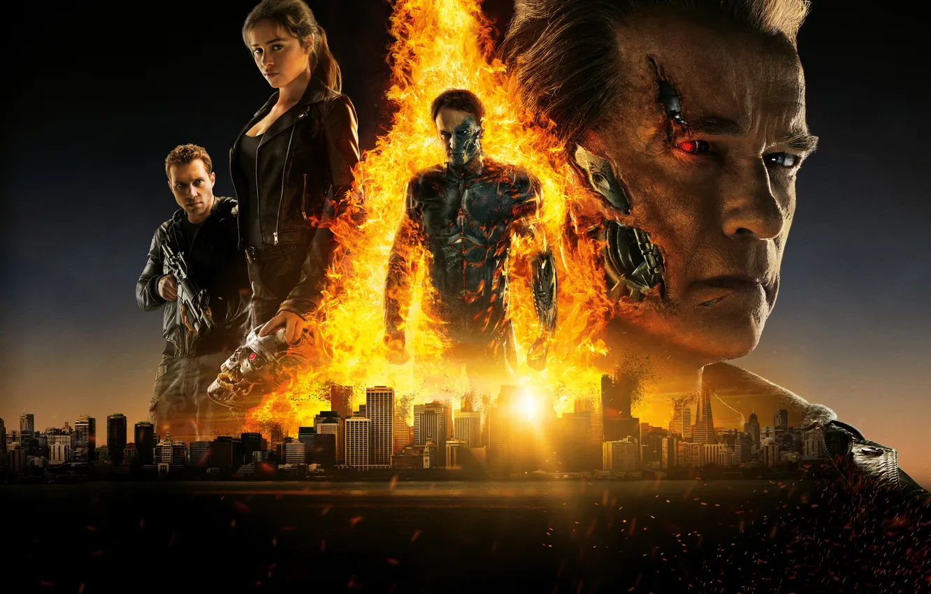 Photo wallpaper the city, lights, fiction, terminator, action, poster, Arnold Schwarzenegger, Terminator