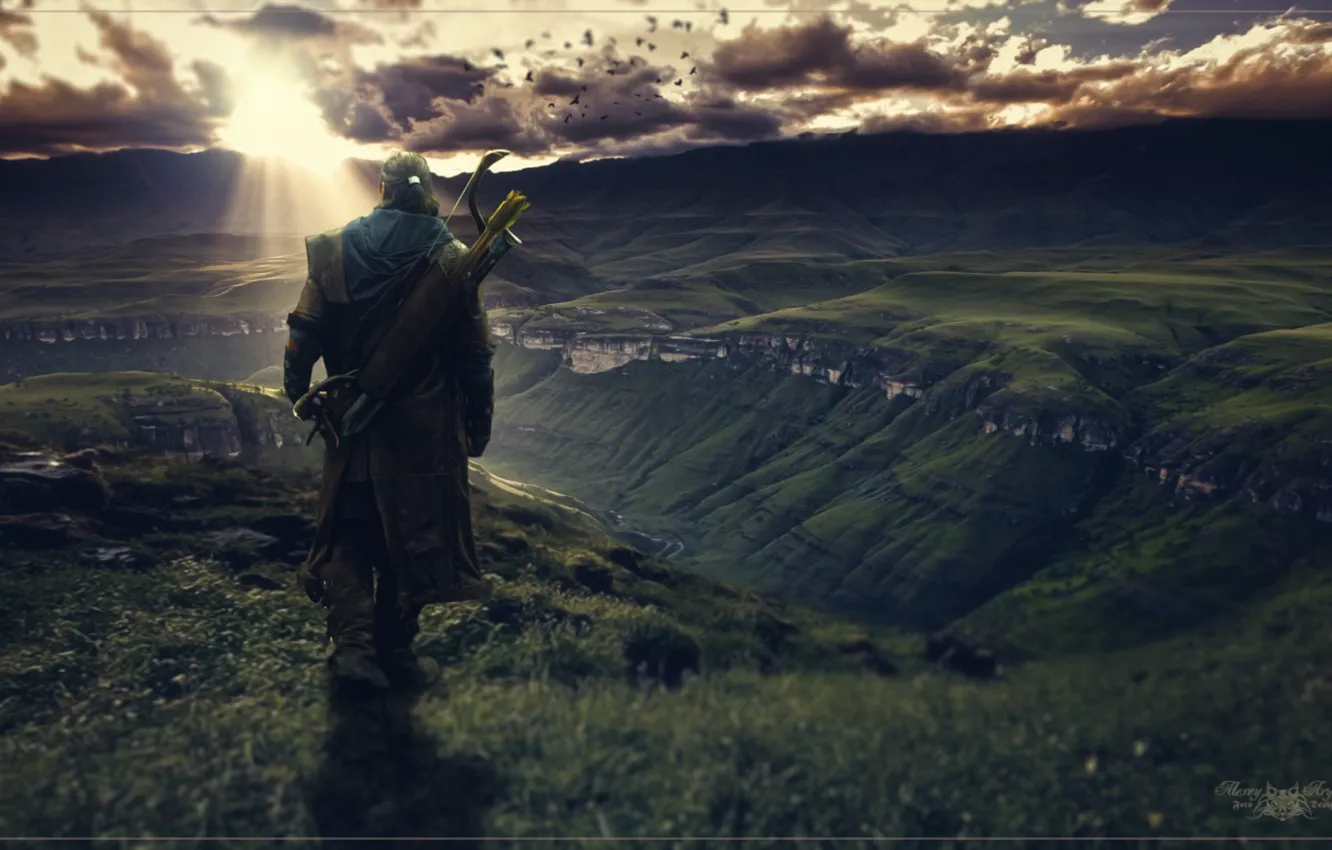 Photo wallpaper sunset, mountains, the game, the evening, bow, arrows, The Witcher, the rays of the sun