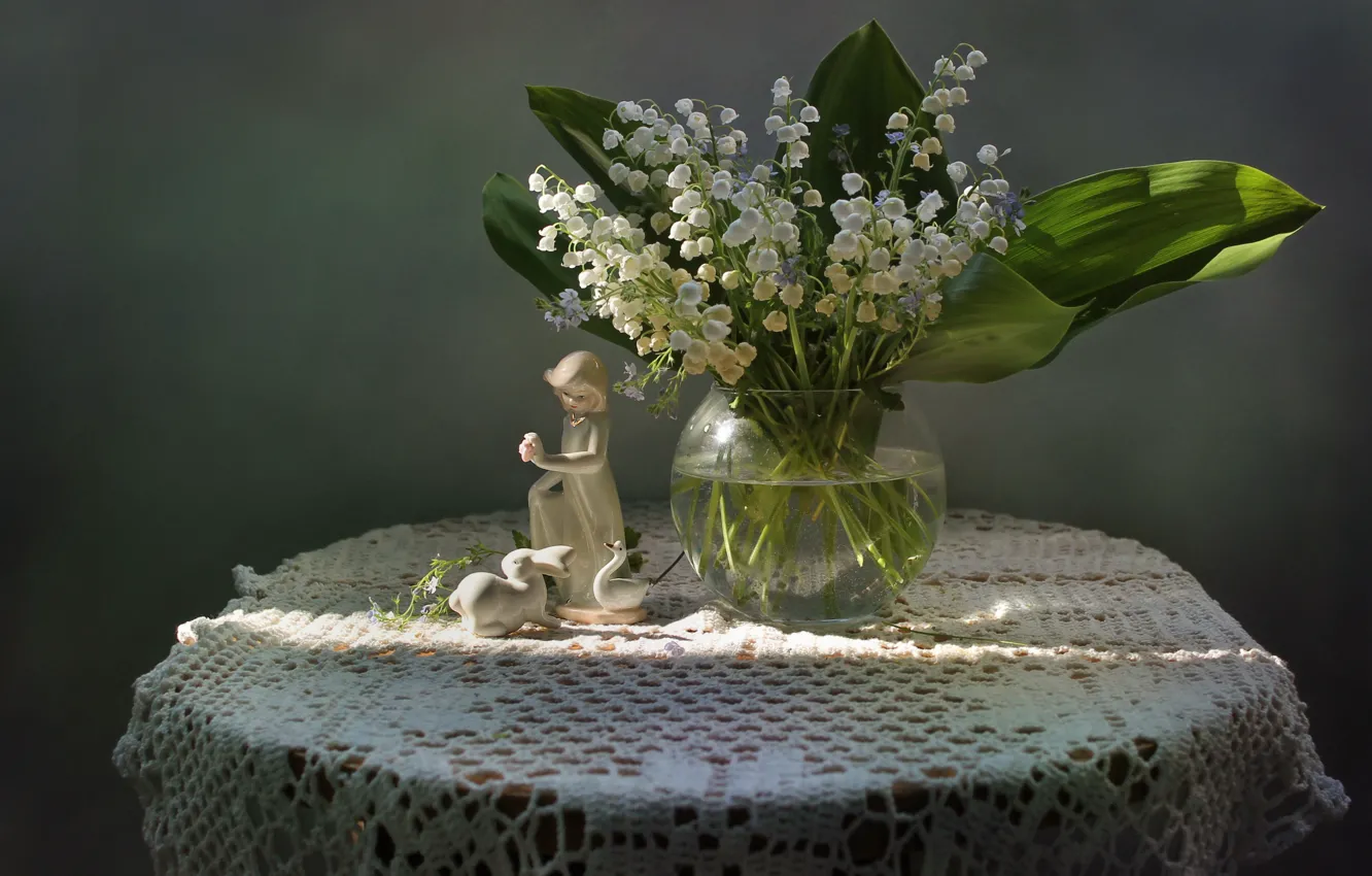 Photo wallpaper girl, flowers, spring, may, still life, Bunny, lilies of the valley, figure