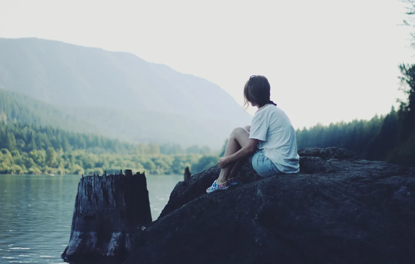Photo wallpaper forest, water, girl, trees, river, stones, shore