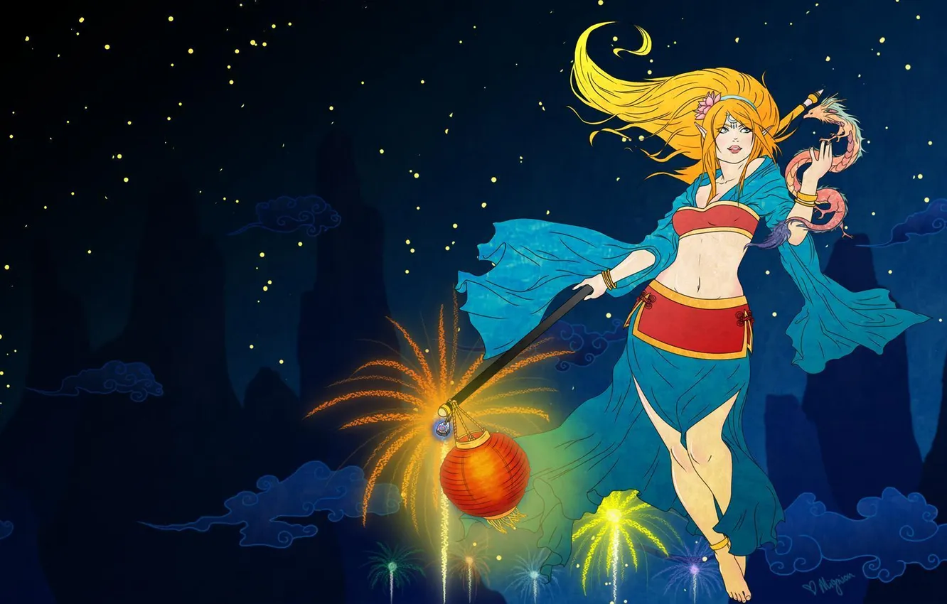 Photo wallpaper the sky, girl, stars, light, night, magic, art, lights