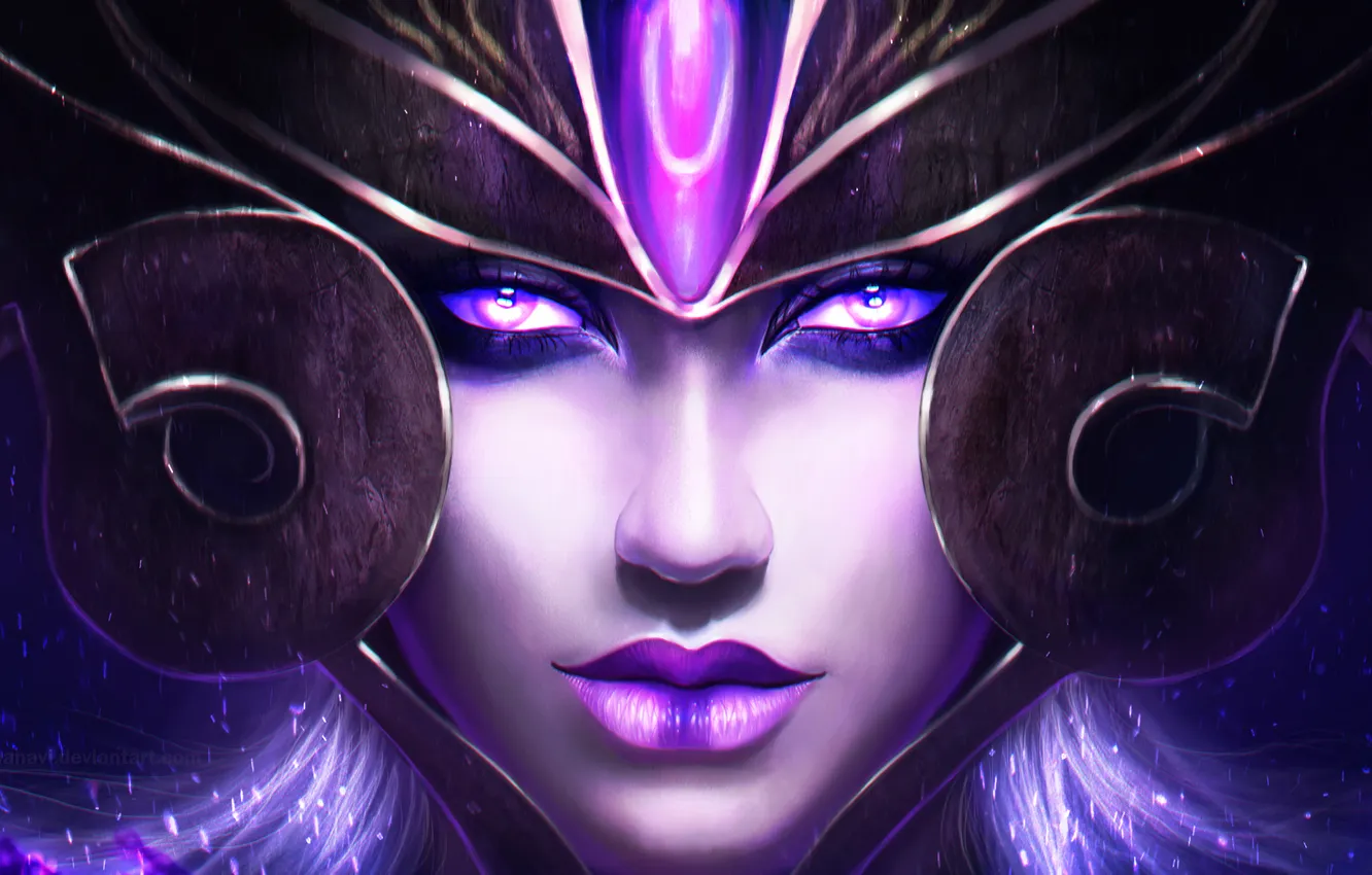 Photo wallpaper girl, face, league of legends, Syndra