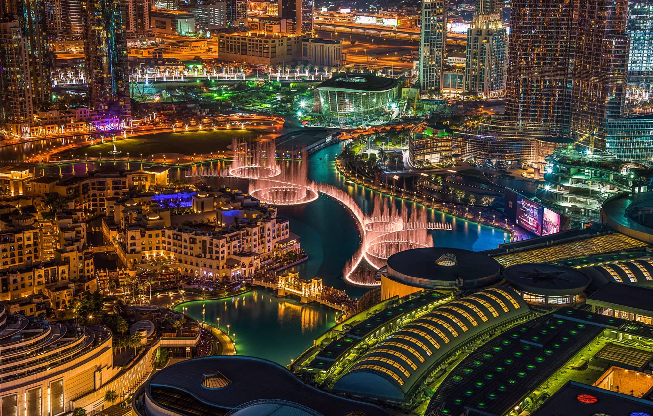 Photo wallpaper night, city, the city, lights, lights, beauty, Dubai, fountains
