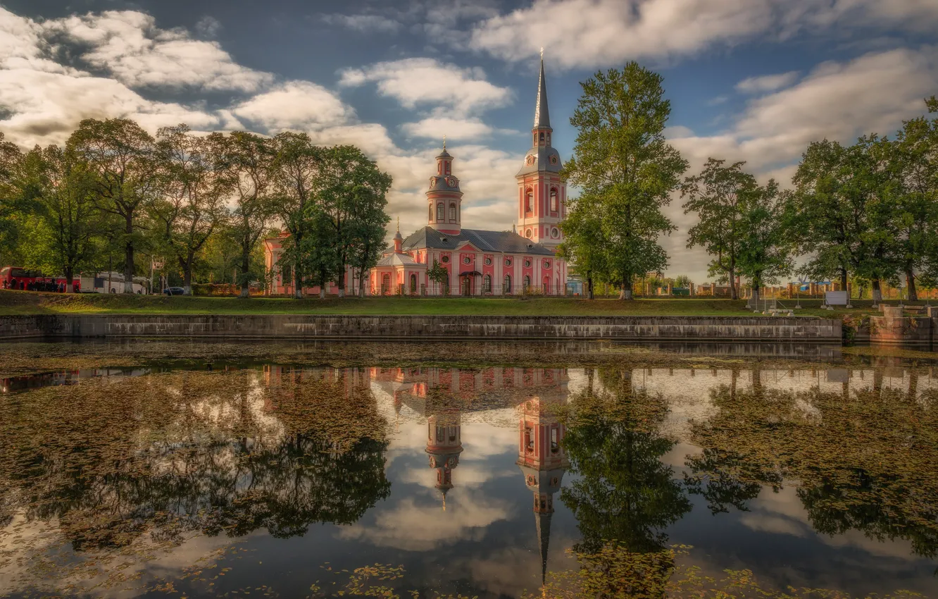 Photo wallpaper trees, reflection, Church, channel, temple, Russia, The Cathedral of the Annunciation, Leningrad oblast