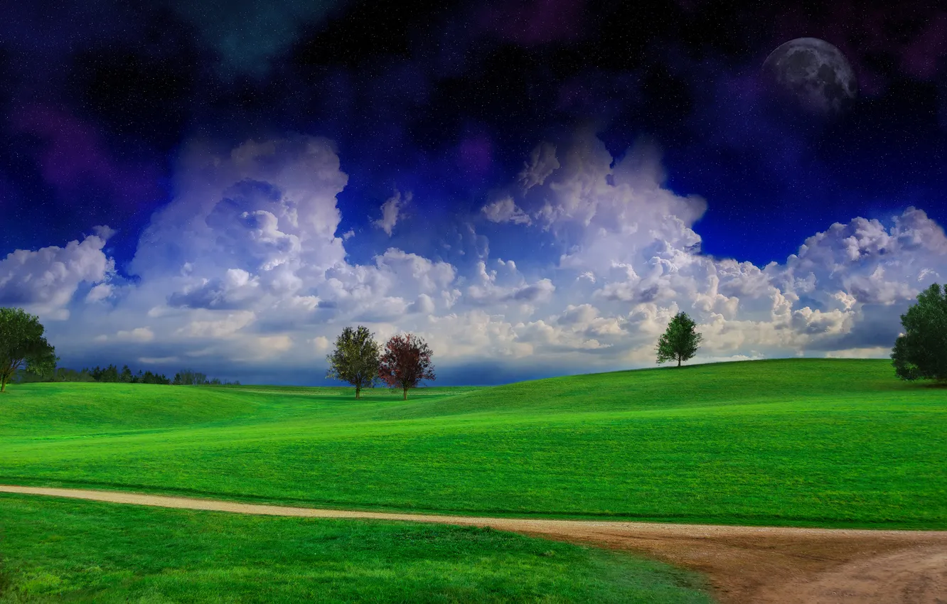 Photo wallpaper field, landscape, nature, clouds, green field, path