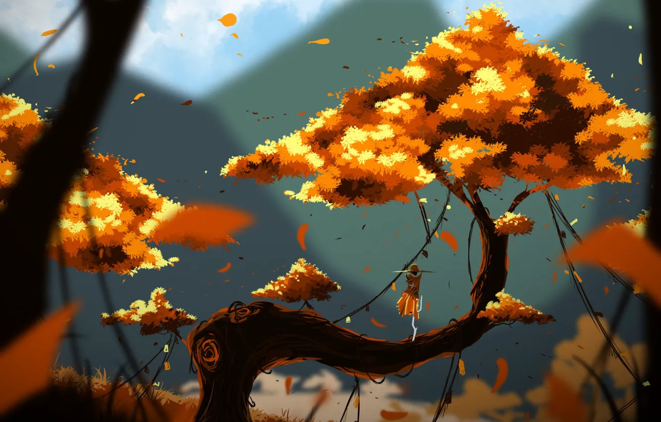 Photo wallpaper autumn, trees, landscape, fiction, figure, art, fantasy, Characters