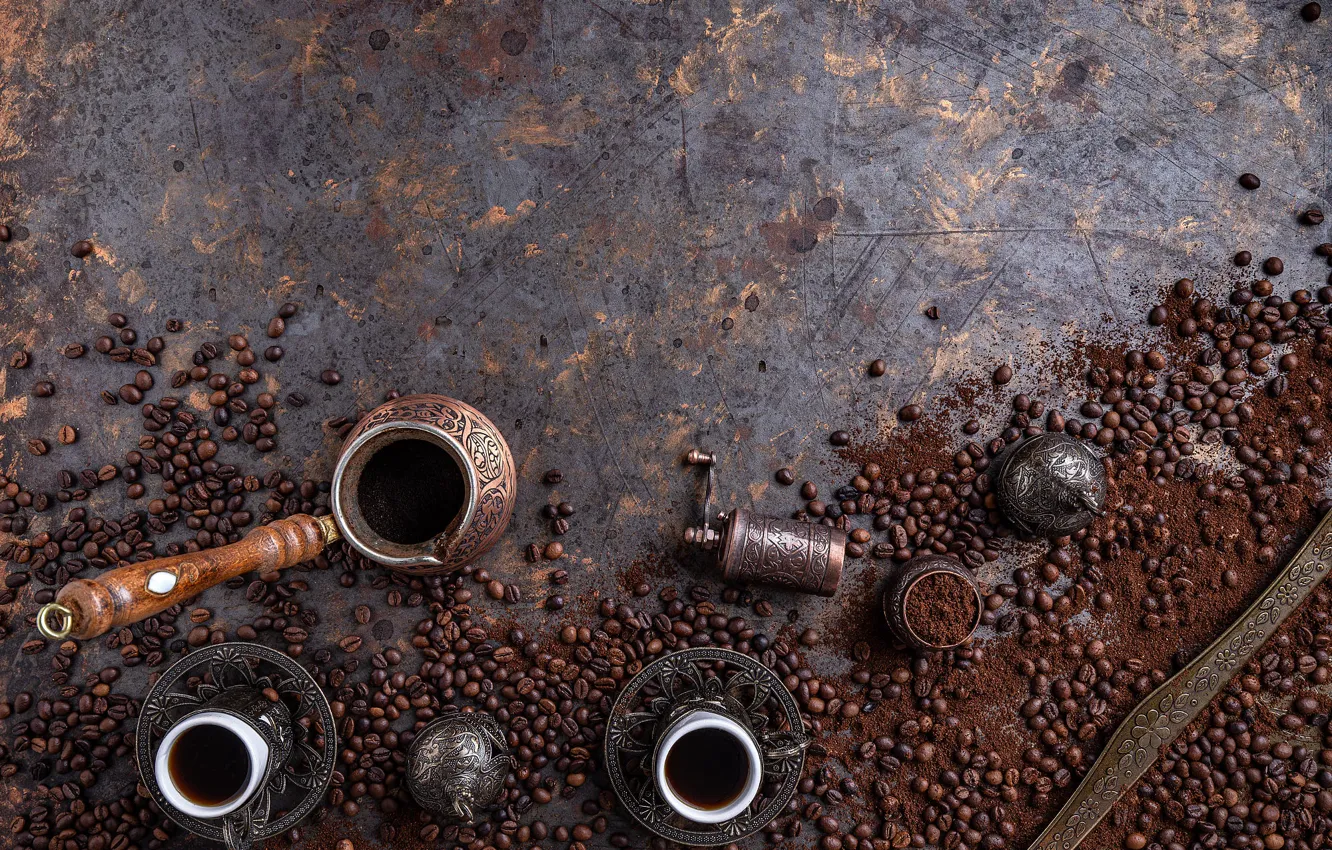 Photo wallpaper coffee, hammer, Cup, dishes, drink, Turk, coffee grinder