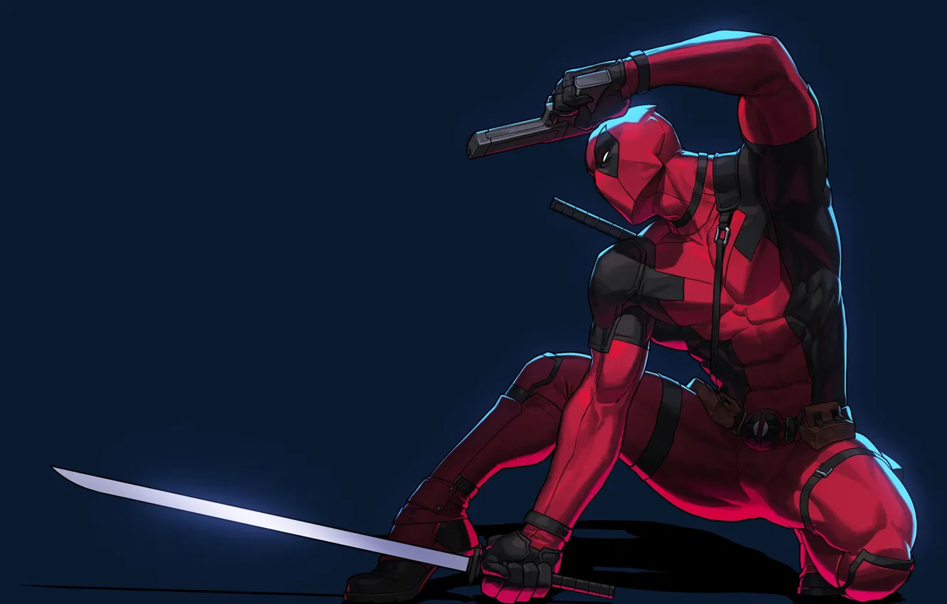 Photo wallpaper pose, gun, sword, art, costume, Deadpool, comic, Deadpool