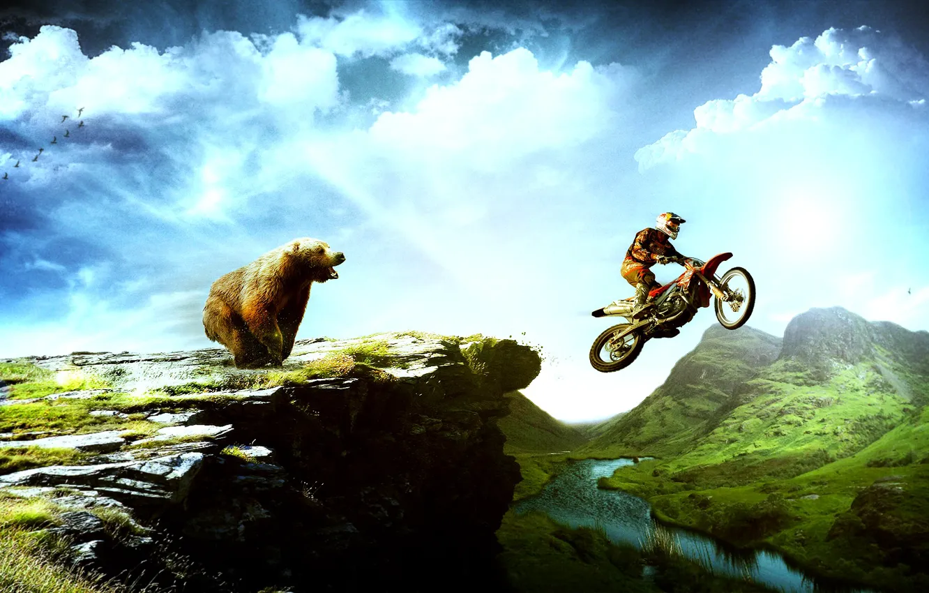 Photo wallpaper mountains, bird, bear, motorcyclist, pasas