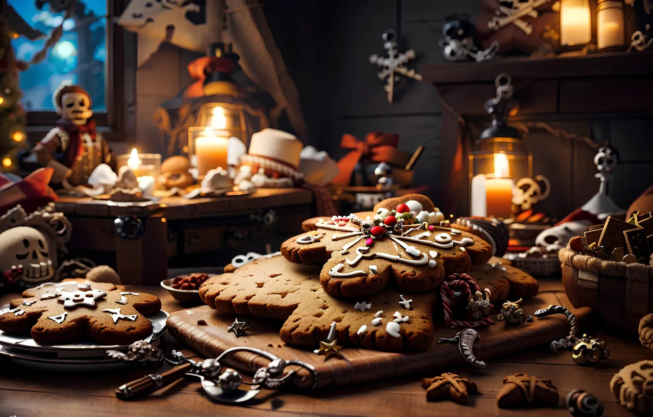 Photo wallpaper table, new year, cookies, Christmas, figures