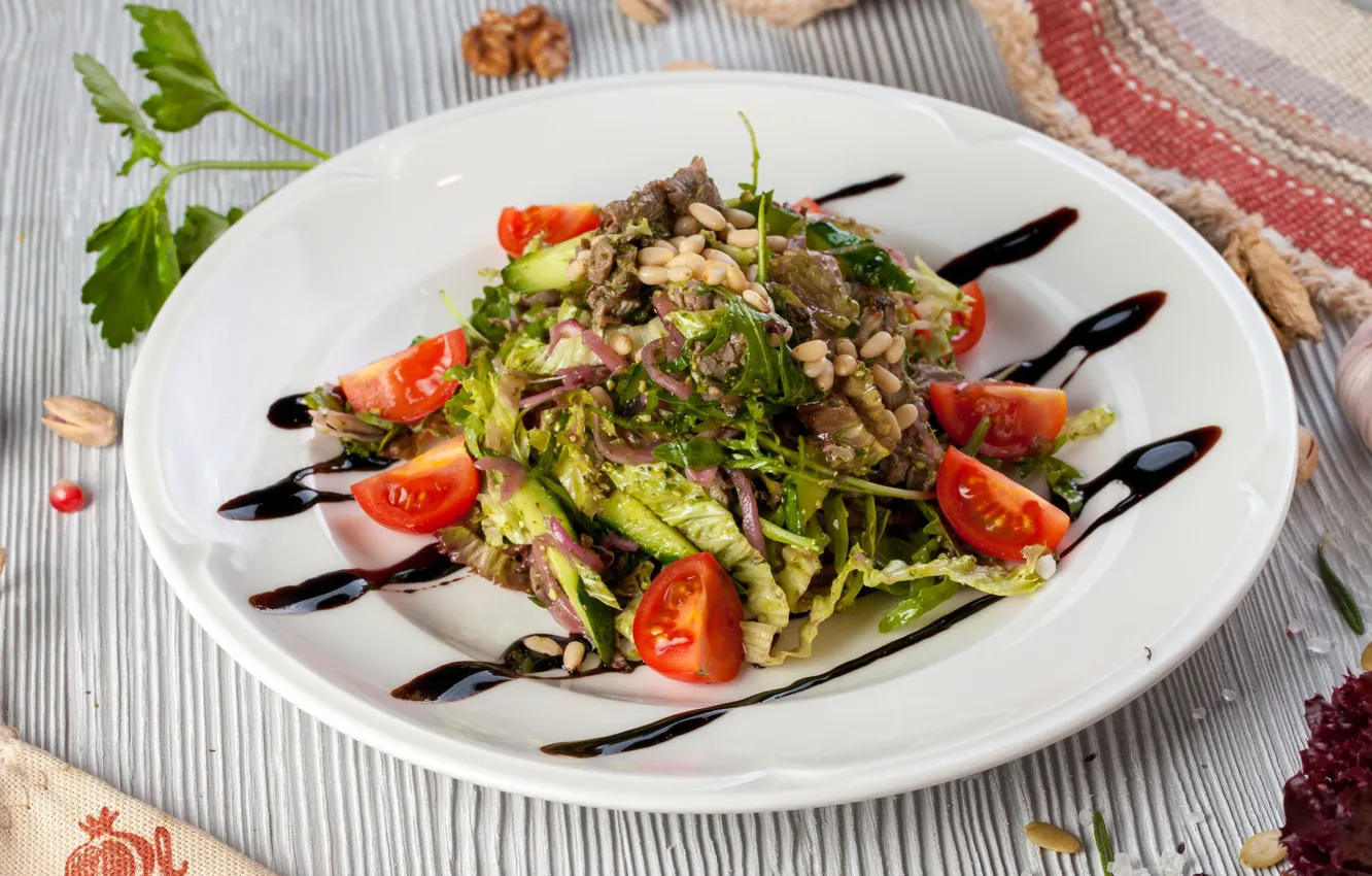 Photo wallpaper vegetables, tomatoes, sauce, salad