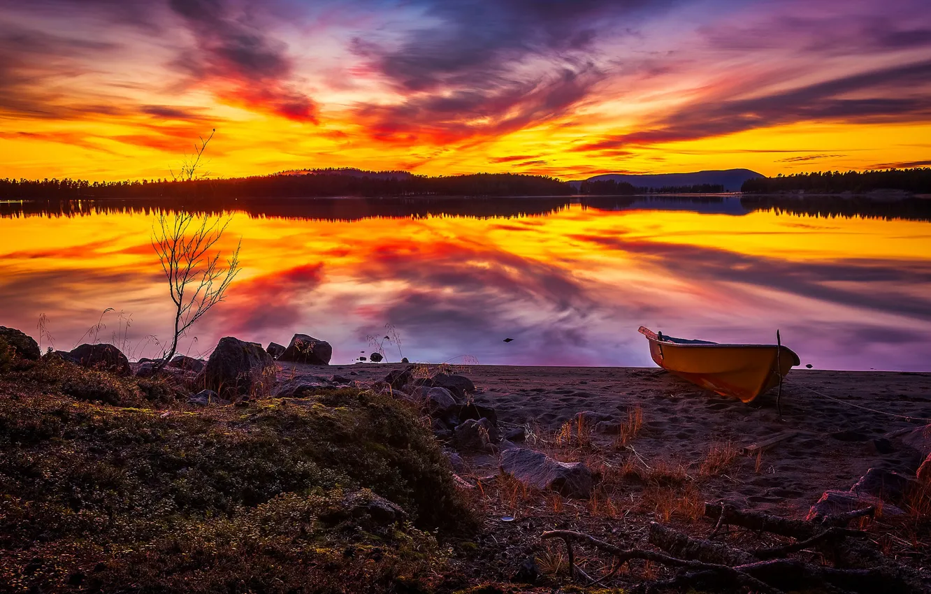 Photo wallpaper autumn, the sky, clouds, sunset, lake, reflection, stones, shore