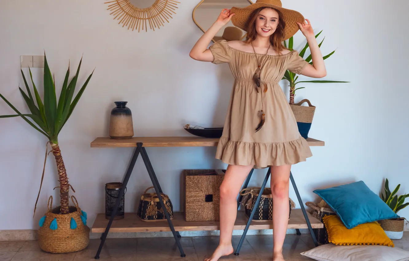 Photo wallpaper hot girl, brown hair, living room, sexy woman, red lips, Sienna, posing, pillows