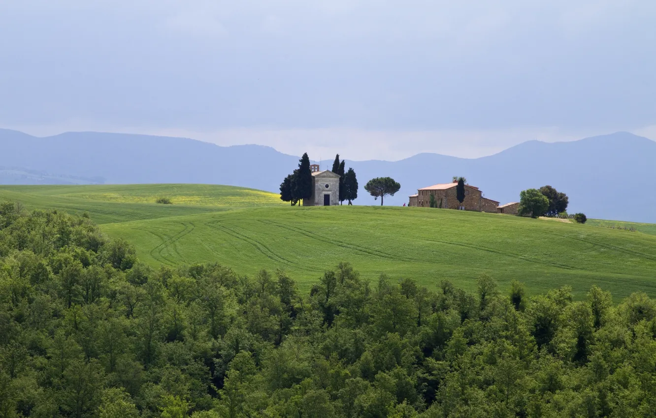 Photo wallpaper field, trees, mountains, Italy, buildings, Italy, Tuscany, Tuscany