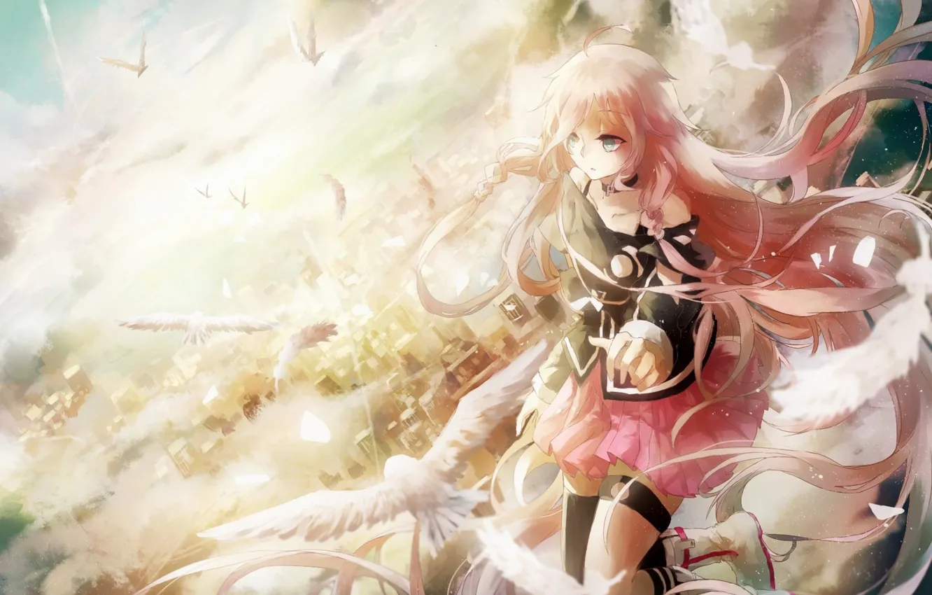 Photo wallpaper girl, birds, the city, height, anime, art, vocaloid