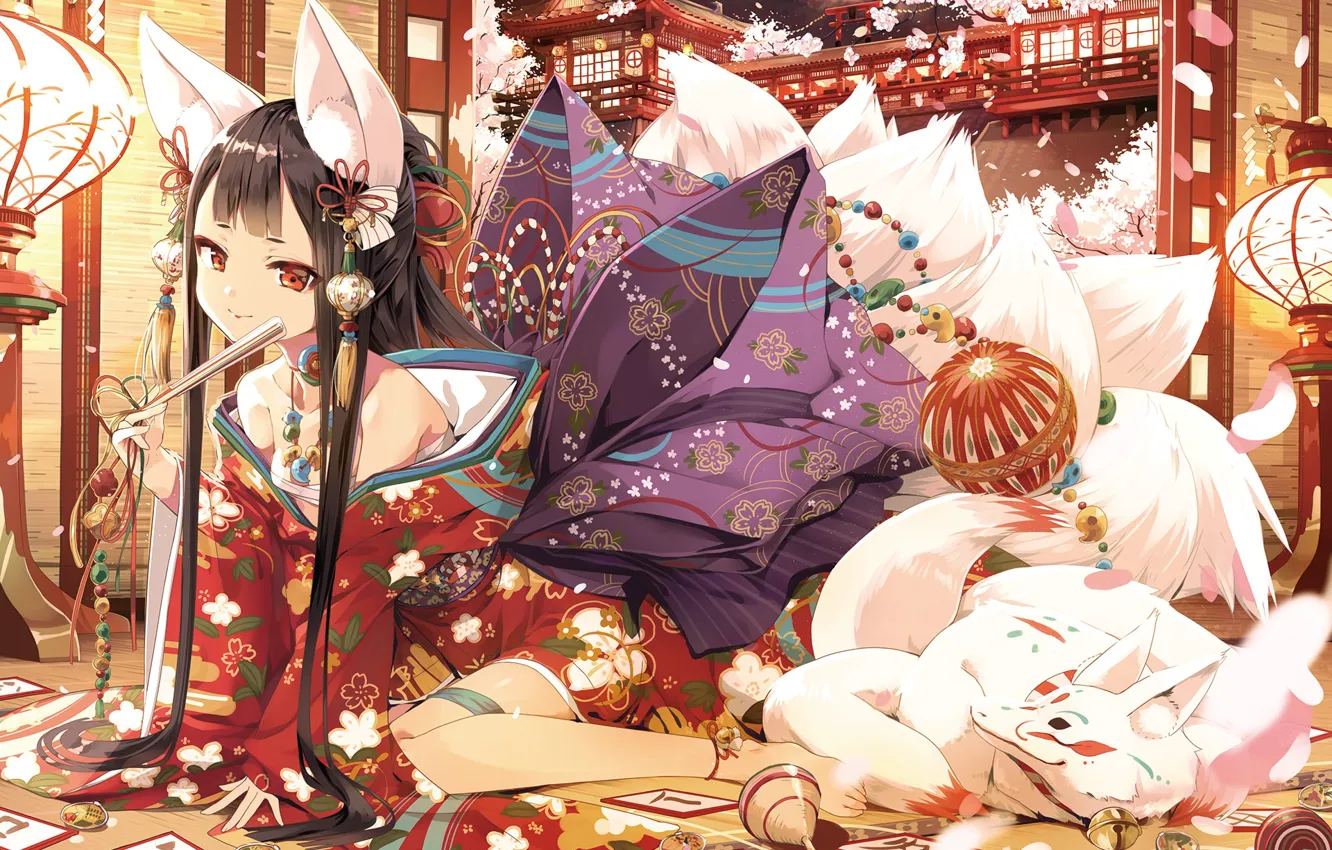 Photo wallpaper animal, anime, art, girl, yukata, youkai