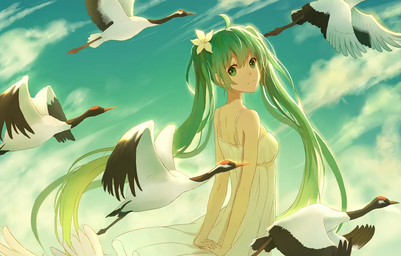 Photo wallpaper the sky, girl, clouds, birds, anime, art, vocaloid, hatsune miku