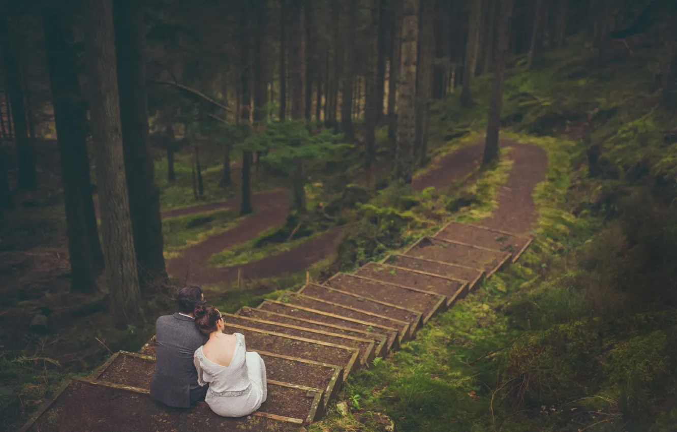 Photo wallpaper forest, girl, ladder, guy, lovers