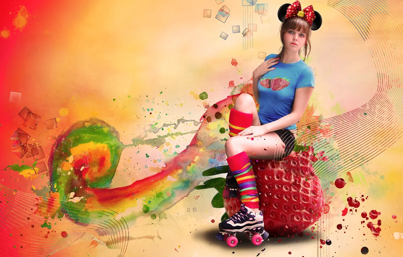 Photo wallpaper girl, videos, strawberry, bow