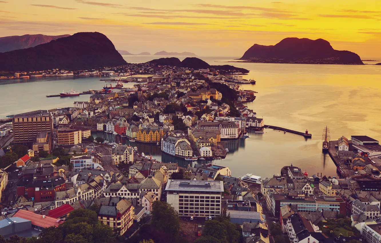 Photo wallpaper sunset, the city, the ocean, view, home, Norway, view, Norway