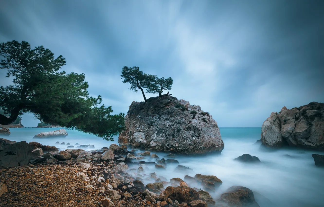 Photo wallpaper the sky, trees, clouds, stones, rocks, blue, shore, coast