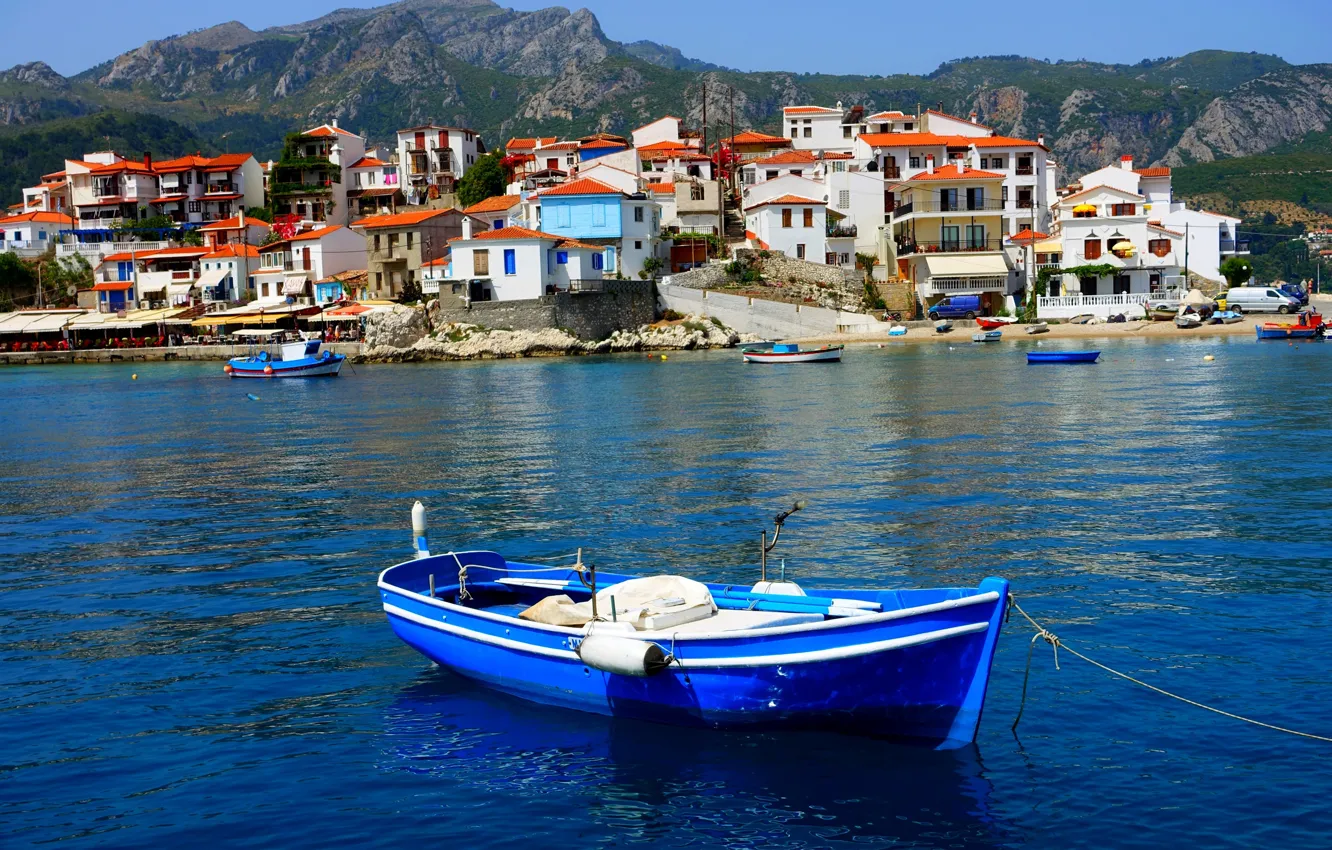 Photo wallpaper sea, landscape, mountains, nature, village, island, home, boats