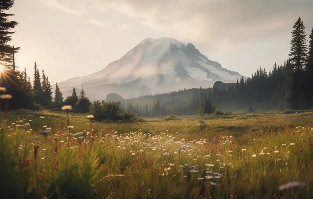 Photo wallpaper field, forest, summer, the sky, landscape, flowers, mountains, nature