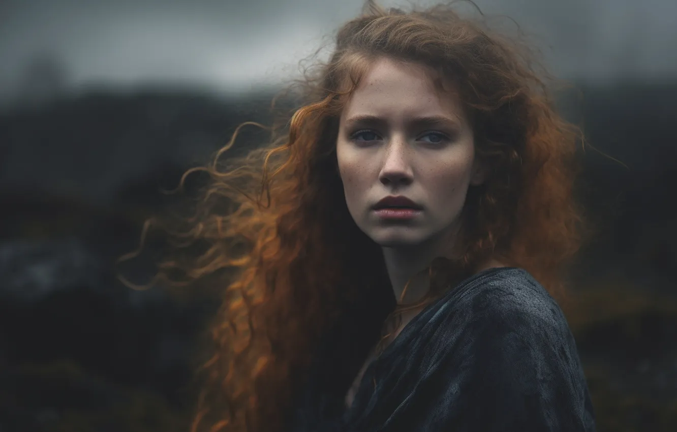 Photo wallpaper look, girl, nature, pose, fog, overcast, hills, sadness