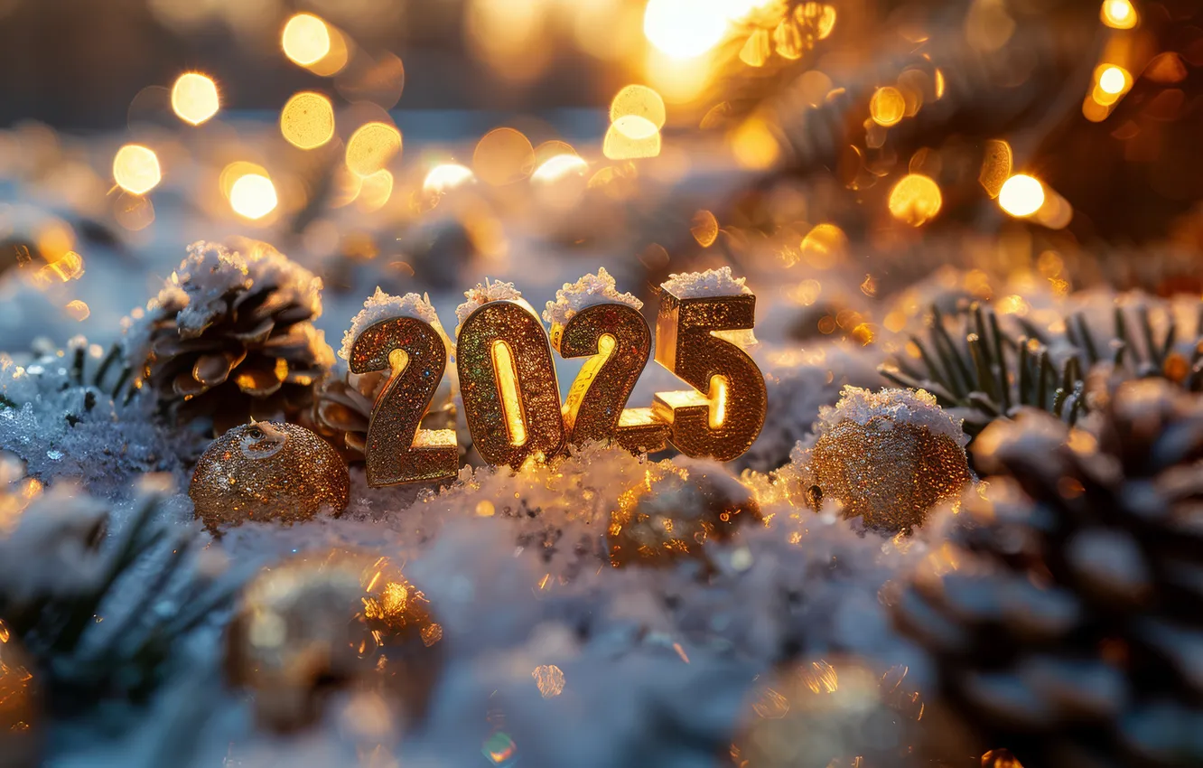 Photo wallpaper winter, balls, snow, lights, new year, figures, gold, needles