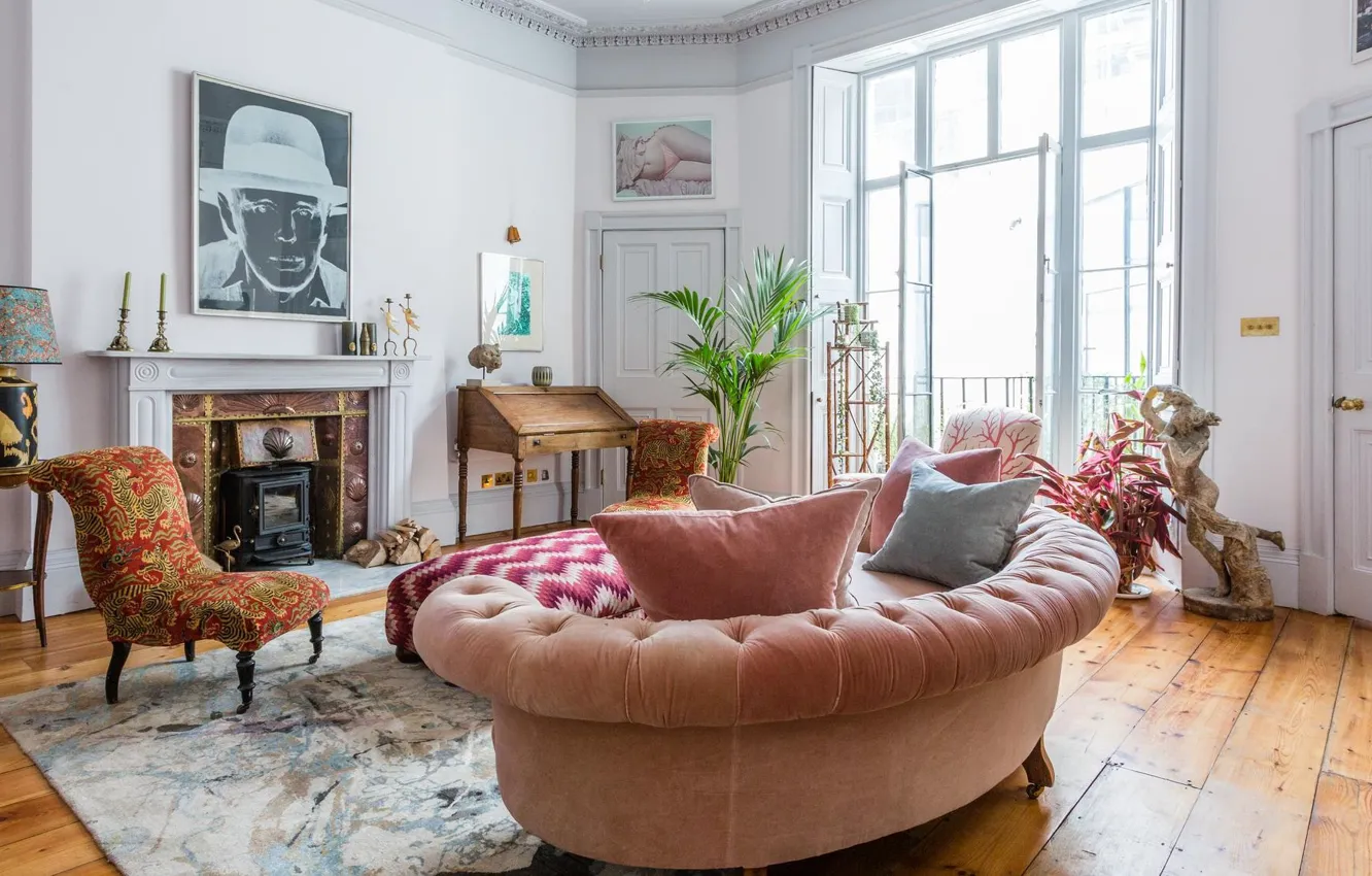 Photo wallpaper design, style, interior, picture, chair, fireplace, sofa, living room
