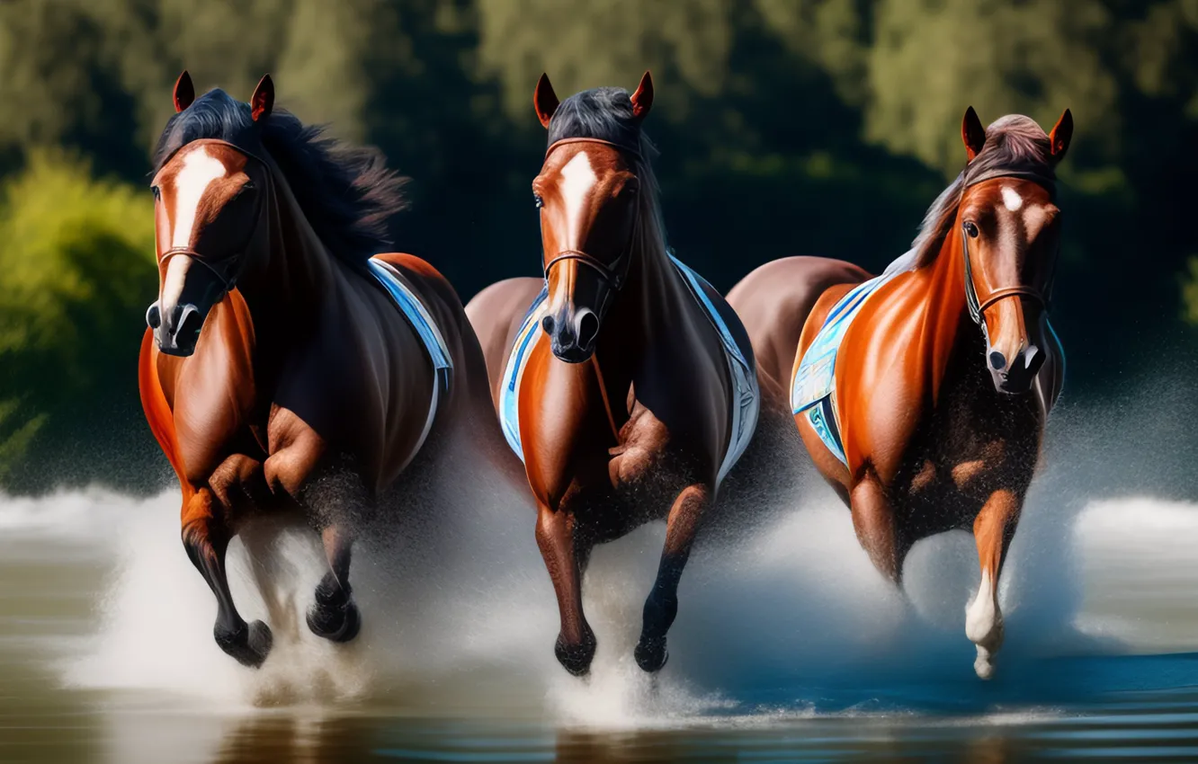 Photo wallpaper Water, Sea, Running, Horse, Horses, Art, Three, Front