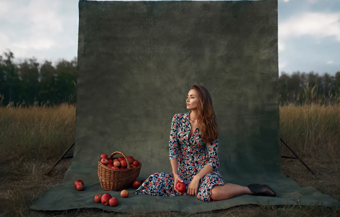 Photo wallpaper girl, pose, basket, apples, Max Kuzin