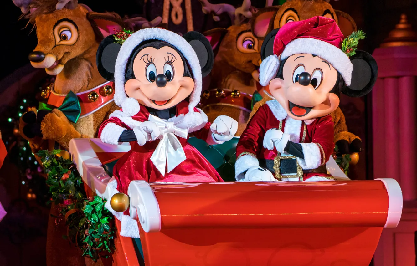 Photo wallpaper Christmas, New year, sleigh, deer, Disney World, Mickey Mouse, Disney world, Minnie Mouse