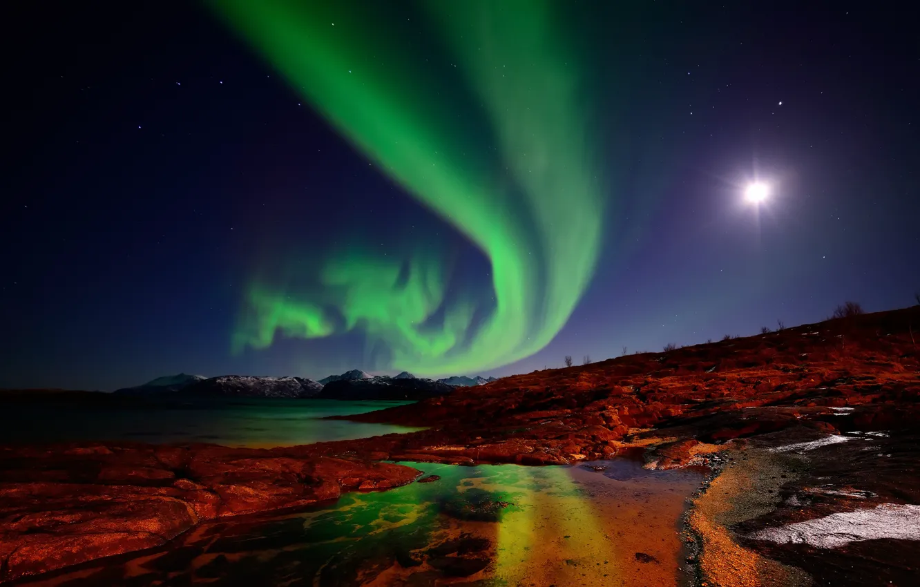 Photo wallpaper the sky, stars, mountains, night, the moon, island, Northern lights, Norway