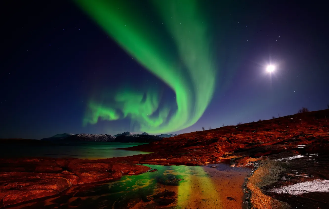 Photo wallpaper the sky, Islands, stars, mountains, night, the moon, Northern lights, Norway