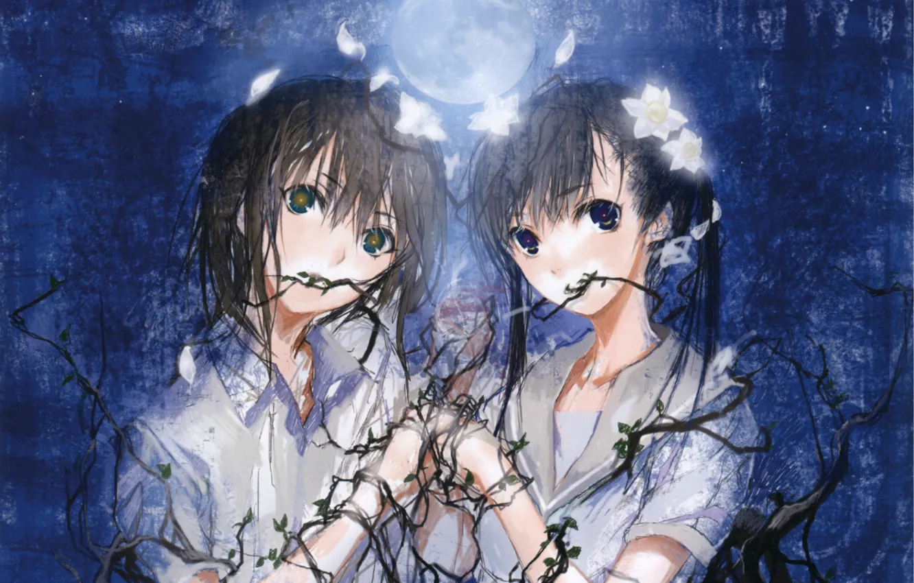 Photo wallpaper night, hands, Schoolgirls, art, The full moon, rite, Haruaki Fuyuno, related