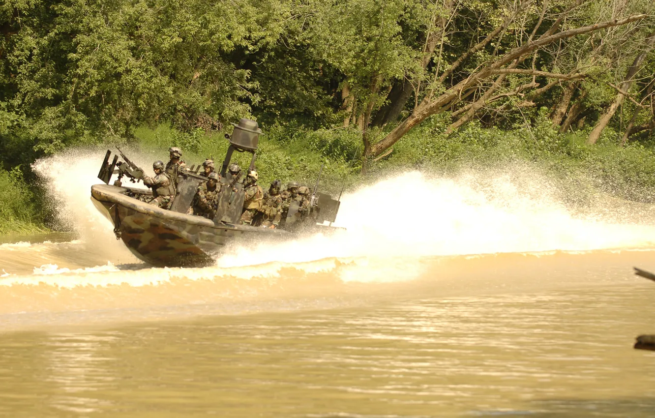 Photo wallpaper river, soldiers, equipment, fighting boat, SBT-22