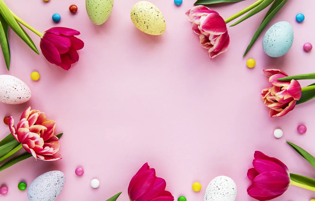 Photo wallpaper flowers, eggs, spring, colorful, Easter, tulips, pink, flowers