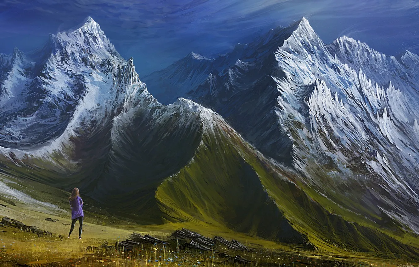 Photo wallpaper landscape, mountains, clouds, digital art, Valley, snowy peak