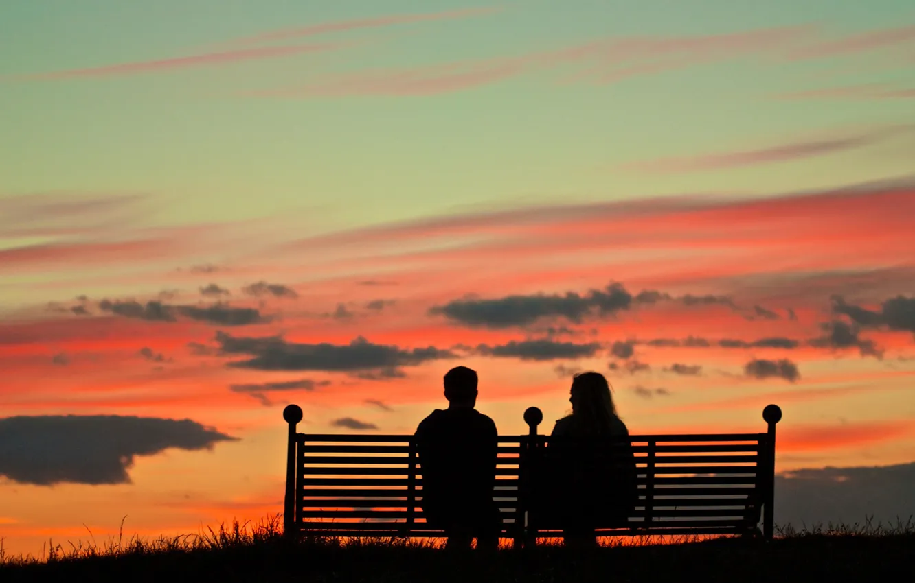 Photo wallpaper the sky, clouds, the evening, silhouette, pair, glow, bench