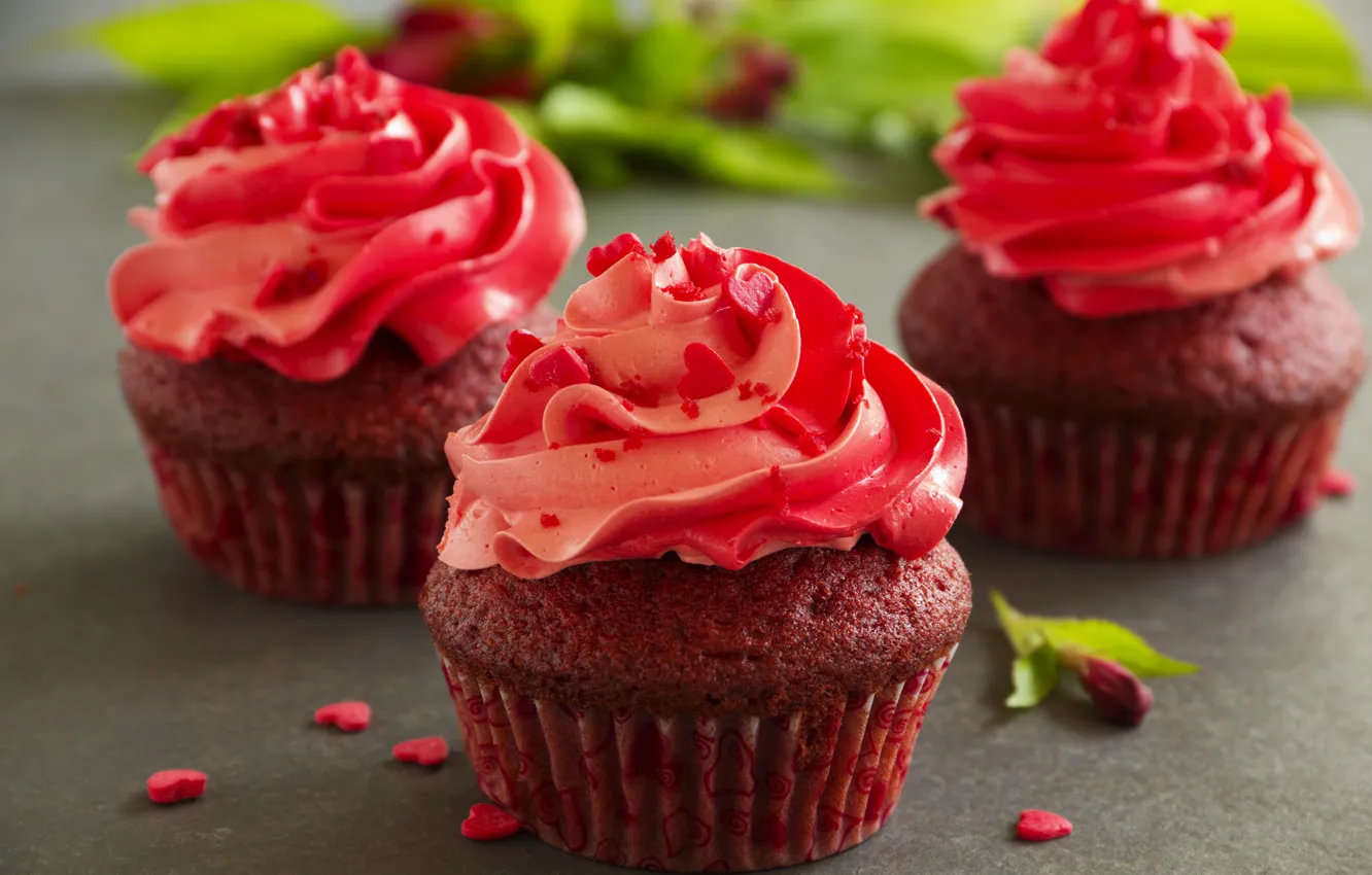 Photo wallpaper sweets, cream, cakes, sugar hearts, chocolate cupcakes